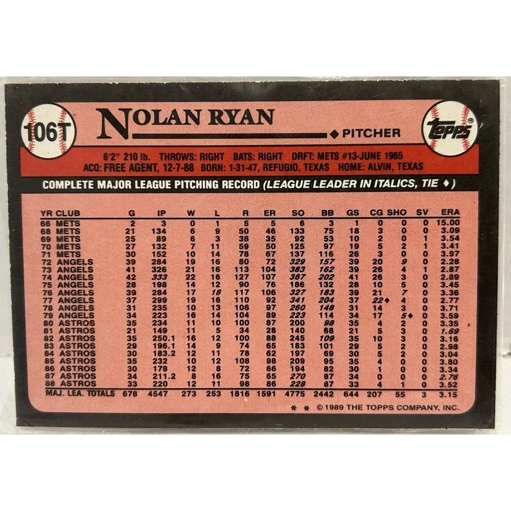 Texas Rangers‎ 1989 Topps Traded Nolan Ryan #106T Pitcher MLB